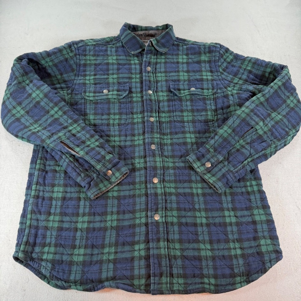 Tailor Vintage Quilted Flannel Shirt Jacket M Green Navy Plaid Snap Shacket